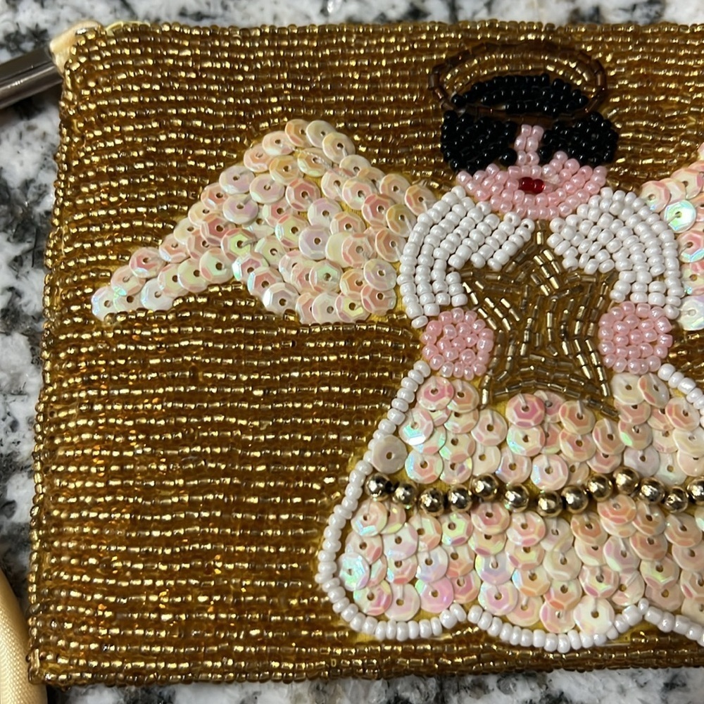 Vintage Angel Purse Beaded Ermo Wristlet Bag Coin Gold Christmas Holiday - Picture 4 of 10